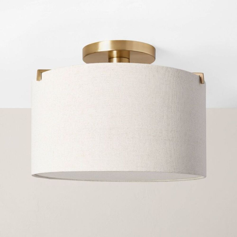 Semi-Flush Mount Ceiling Light - Brass/Oatmeal Fabric Shade